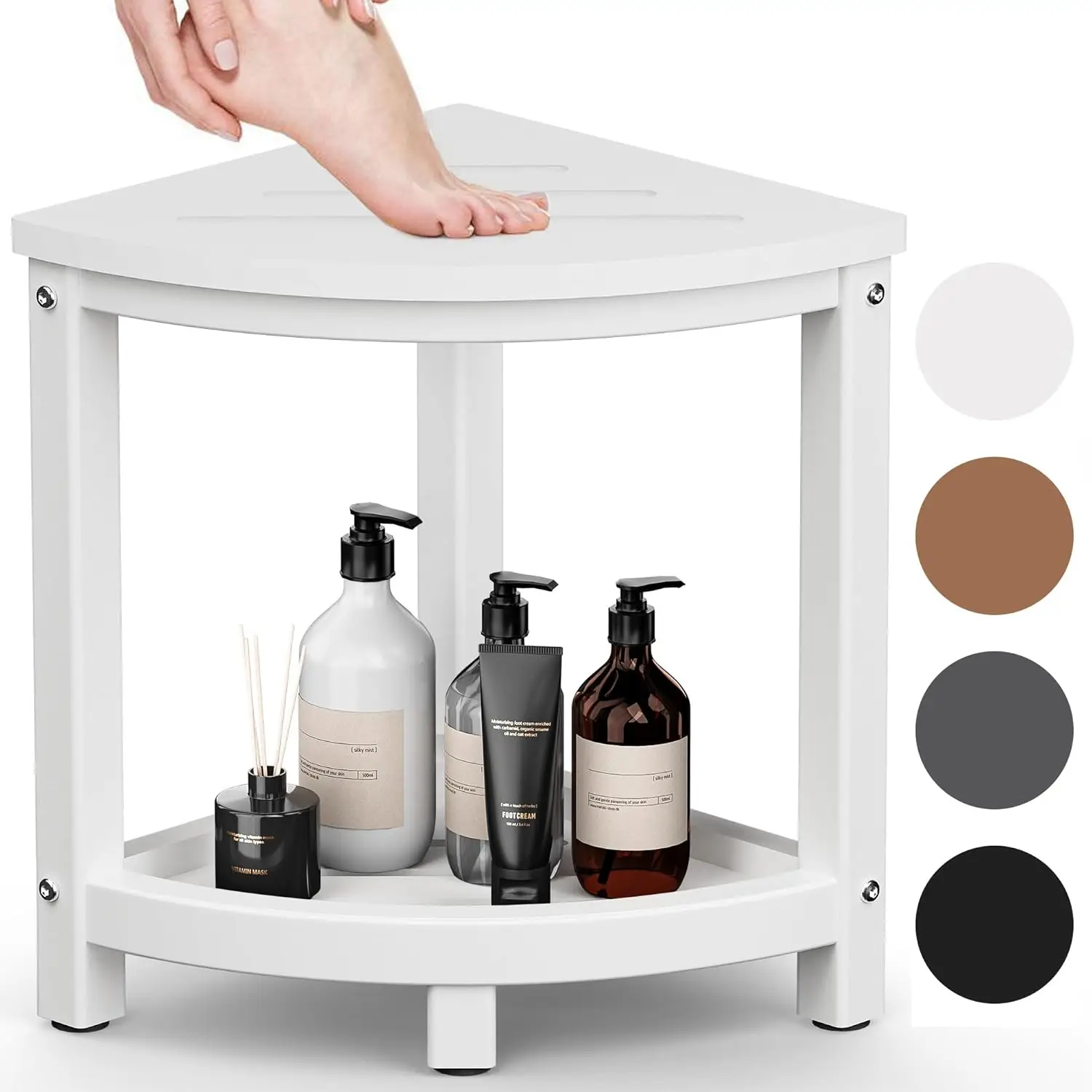 Corner Shower Stool with Storage Shelf, Waterproof HDPE Bench Seat for Shaving Legs, Indoor/Outdoor Use in White