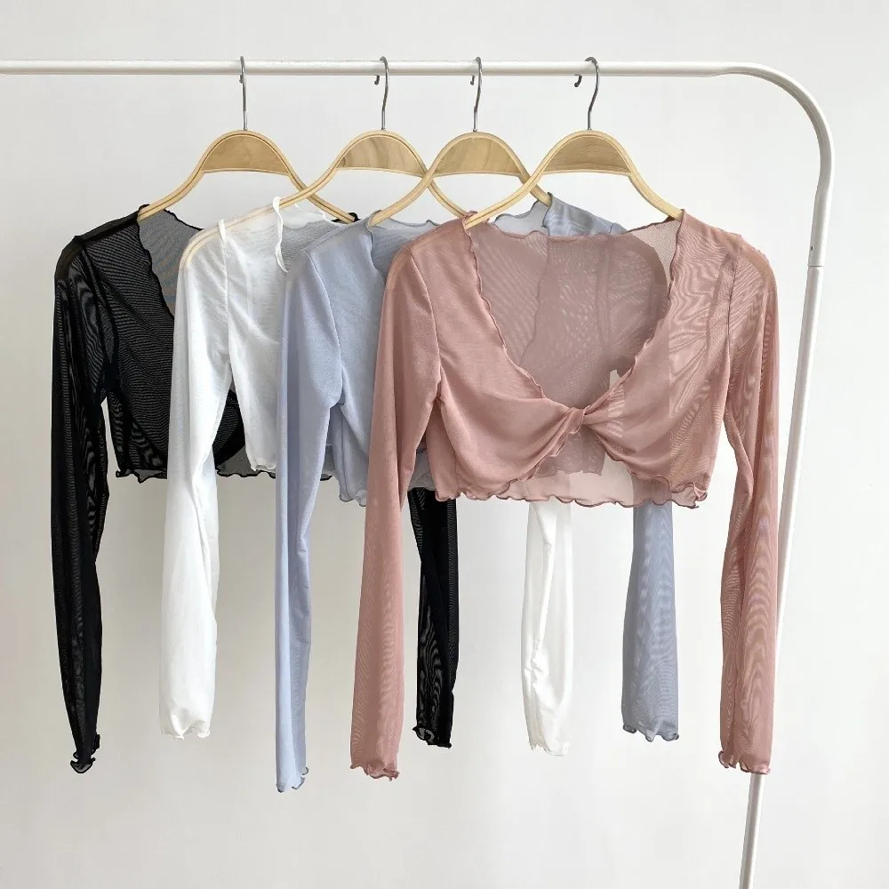 Semi See Through Dance Tops Long Sleeve Ruffled Edge Thin Tops Lightweight Ballet Cardigan Yoga Stage Performance Cardigan Women