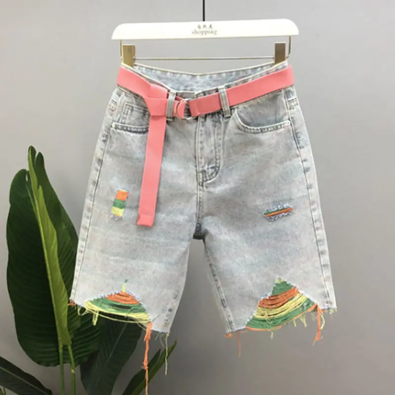 

Женские летние новые джинсы с высокой талией и пятью дюймов, европейские рваные джинсы с прямыми штанинами BF и потертостями