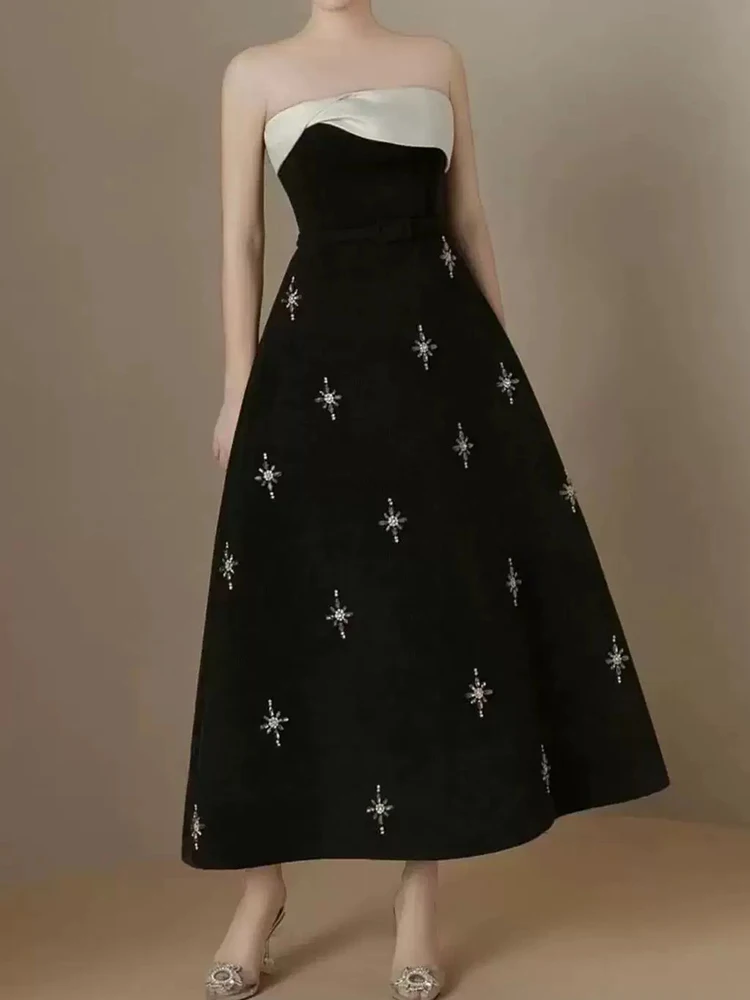 

Heavy industry contrast beaded tube top slim swing dress with suspenders summer women's new long dress with belt and waist.