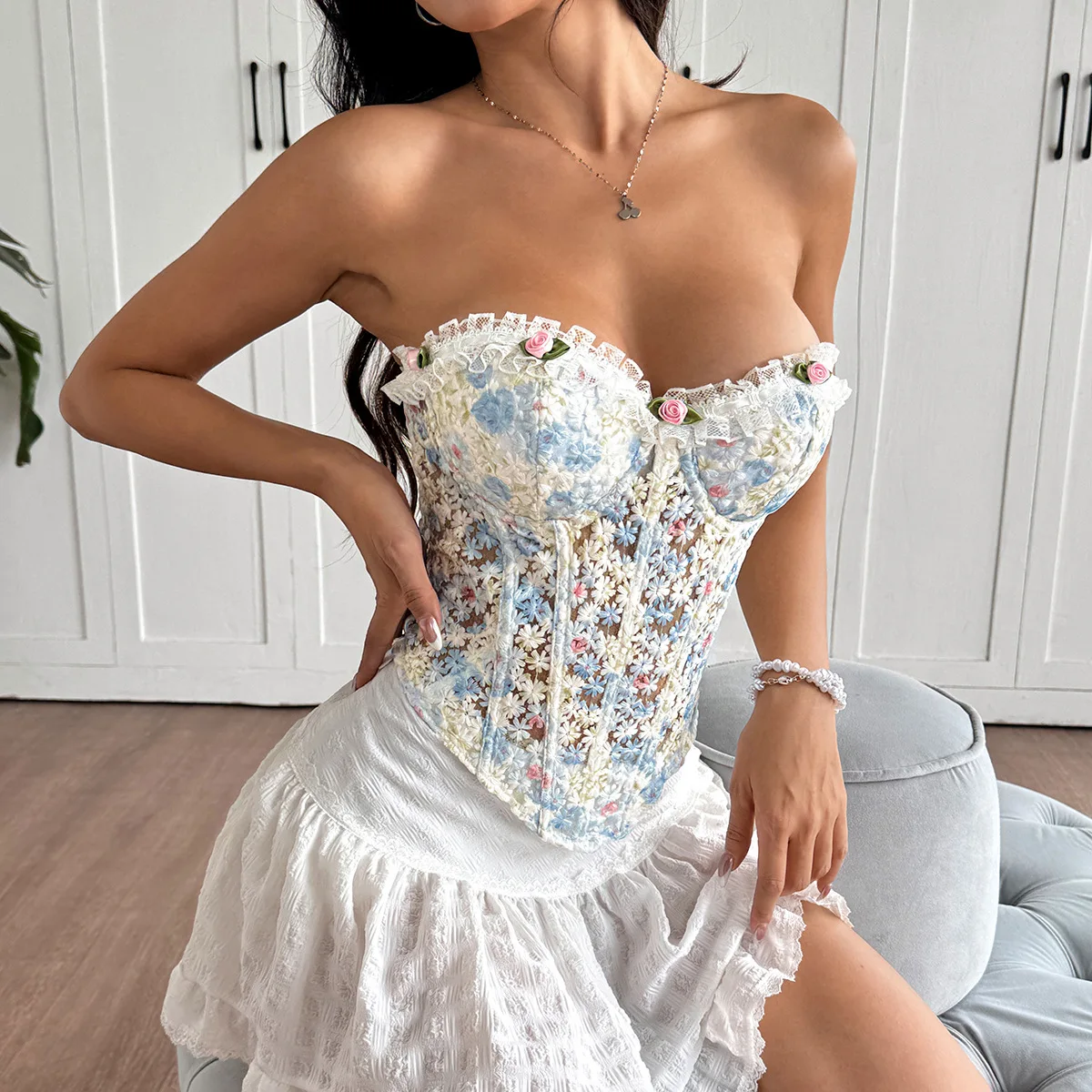 Flower Embroidery Corset Drawstring Strapless Corsets Tube Top Sexy Sleeveless Camis Summer 2025 Tank Tops Slim Shapewear Korset