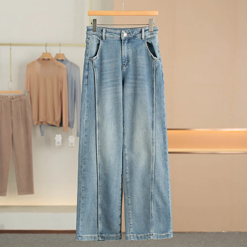 

Warm Thin Fleece Casual Straight Leg Jeans Simple Design Winter New Arrival Women's Clothing Natural Waist Cotton Denim