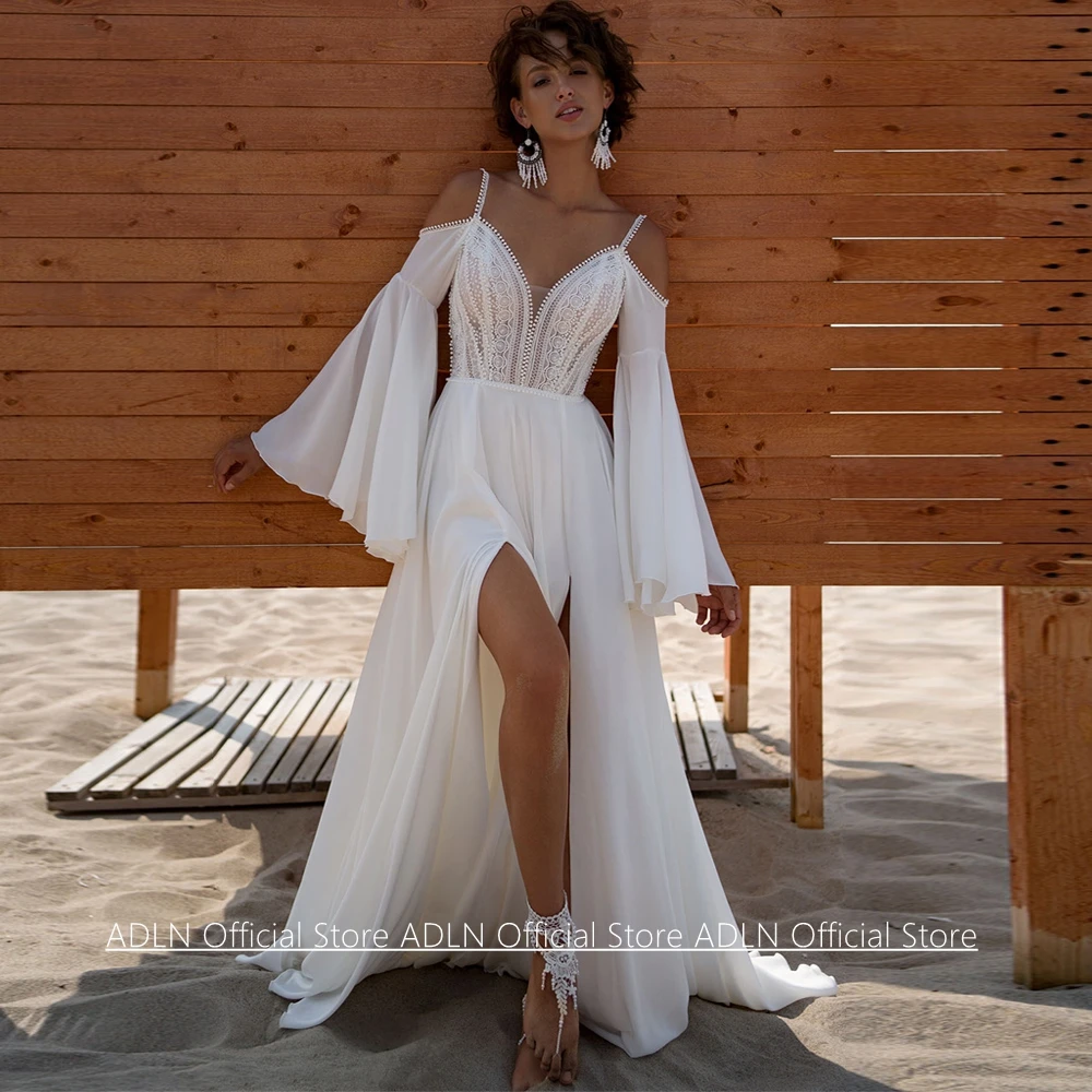 

Sexy Beach Wedding Dresses Customized Flare Sleeves V Neck See Through Lace Applique Two Spit Bridal Dress for Bride