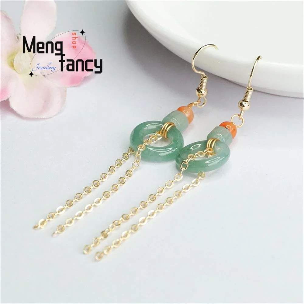 

Natural Jadeite Blue Water Ping An Buckle Tassel Earrings Exquisite Elegant Charm High-grade Luxury Quality Fashion Fine Jewelry