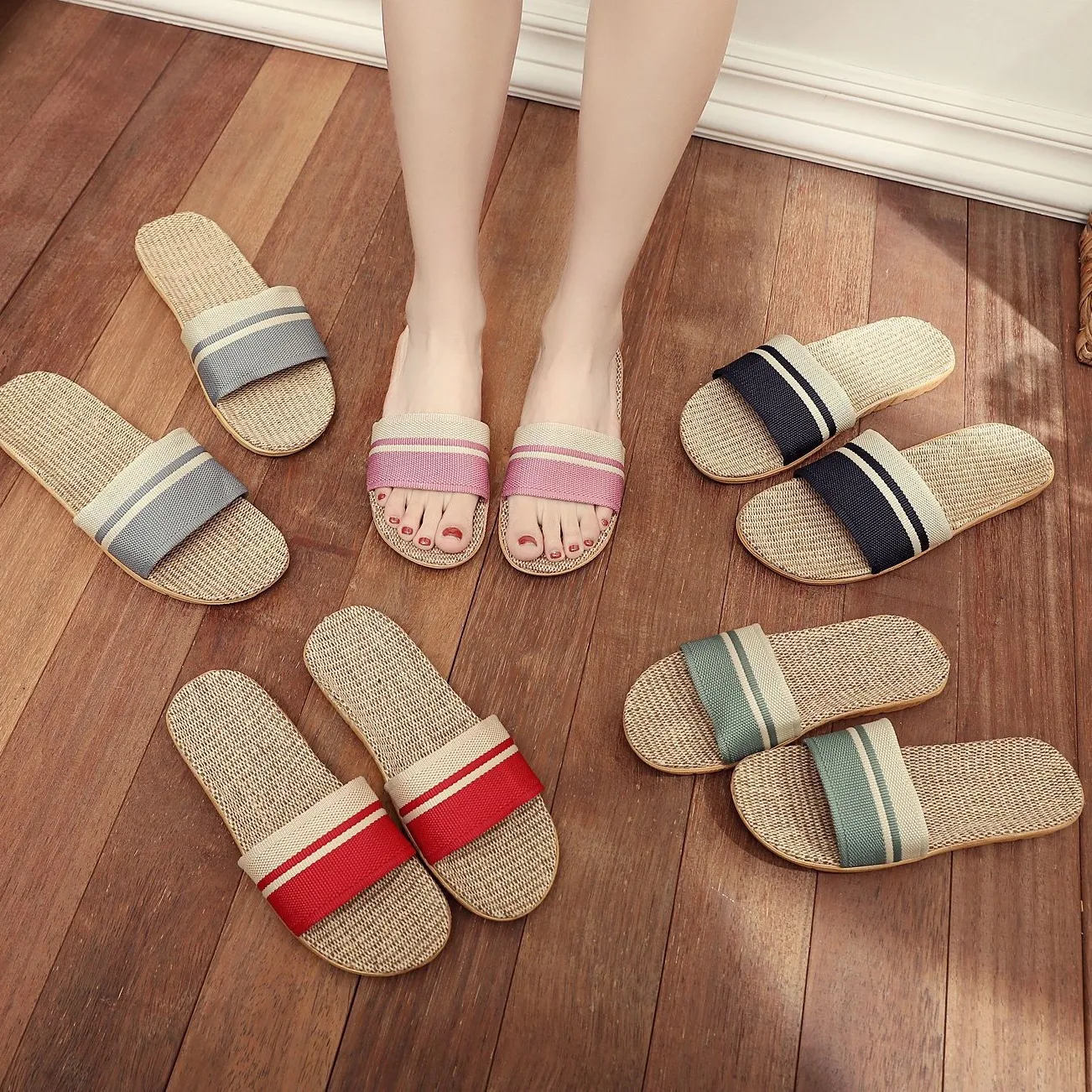 Candy sandal rumah wanita katun Linen musim semi musim panas garis empat musim lantai pinggul pasangan lantai kayu dalam ruangan