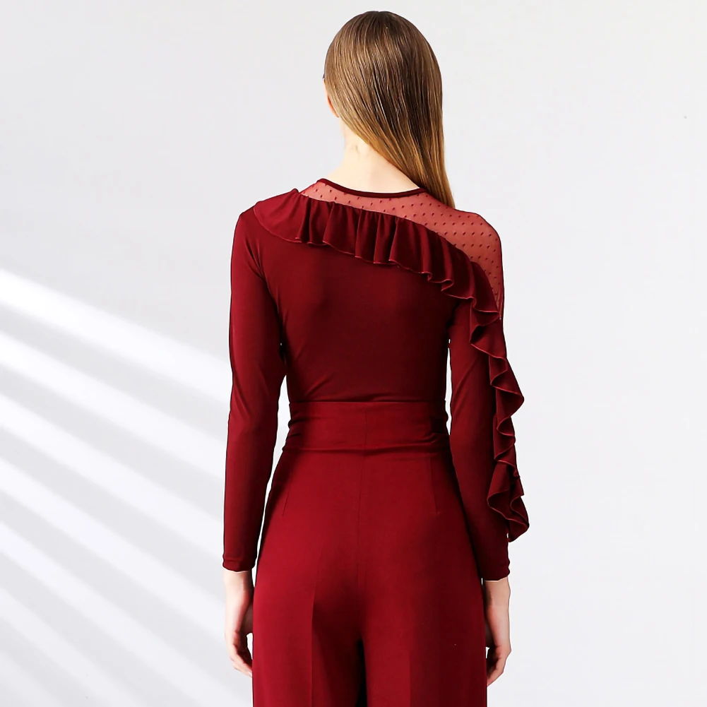 Samba Shirt Top Dancing V-neck Costume Women's jumpsuit wine red White Black Long Sleeve Prom Performance Shirt