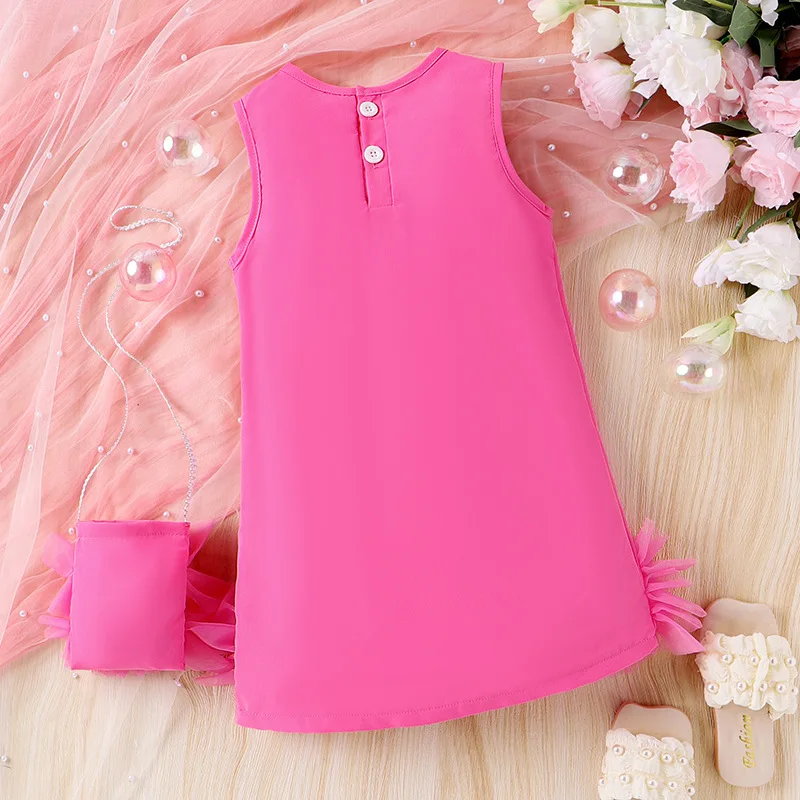 Summer 2pcs Sleeveless Solid O-neck Layered Kids Girls Cake Dress with Bag Lace A-Line Princess Dress for Girls Outfits 4-7Y