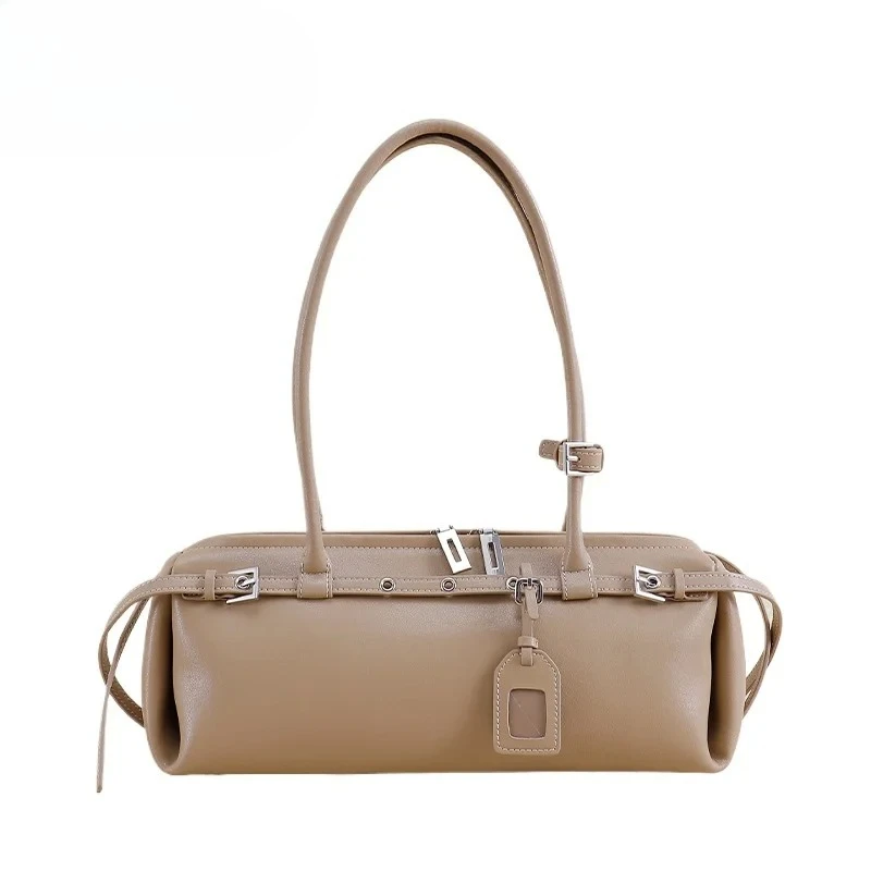 Strict Select High Quality Cow Leather Horizontal Bowling Tote Niche All-purpose Leisure Kakhi Color Women Long Handle Handbag