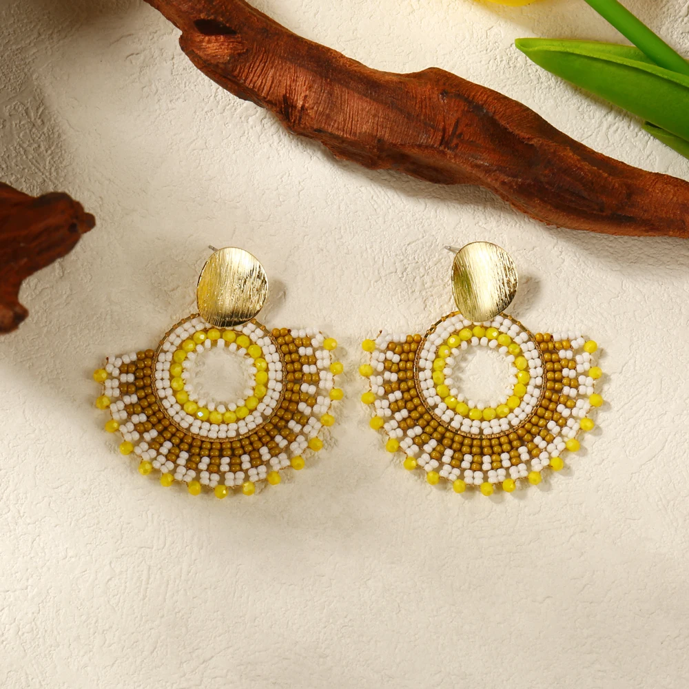 Badu Bohemia Style Fan Shape Handmade Beaded Dangle Earrings for Women Retro Ethnic Trendy Jewelry Rice Beads Earring