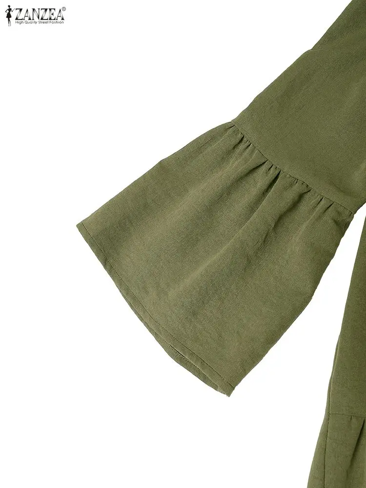 Zanzea vestido feminino casual linha a em camadas, outono 2021, cor sólida, decote em v, manga larga, meio botões, midi, vestido longo