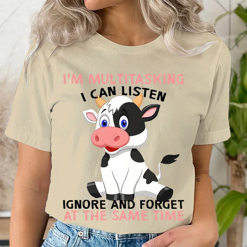 Litter Cute Cow Print Short Sleeved T-shirts I\'M MULTITASKING Graphic Tshirts Women Crew Neck Women\'s T-shirt Summer Casual Tops