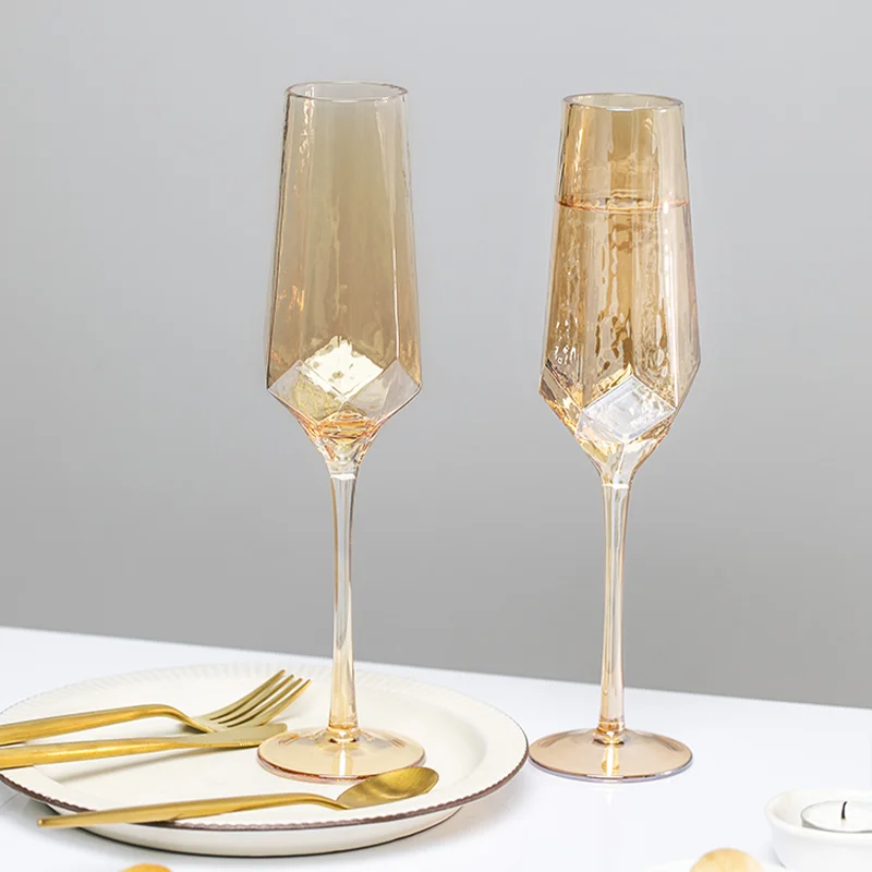 Light Luxury Gold Amber Champagne Goblet Wine Glasses Nordic Colored Home Lead-free Crystal Glass Hammered Diamond Whisky Cup