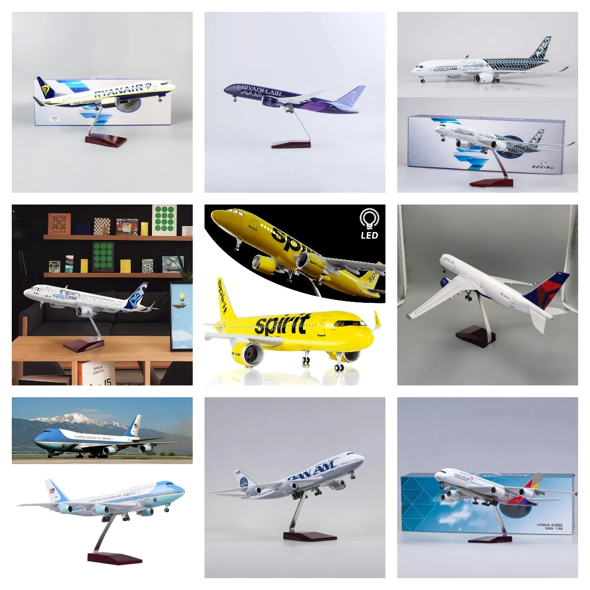 

Aircraft Model Diecast B747/787/737 A320neo/380/350 Model Airplane With Base Light &Landing Gears Airways Collection Display Gif