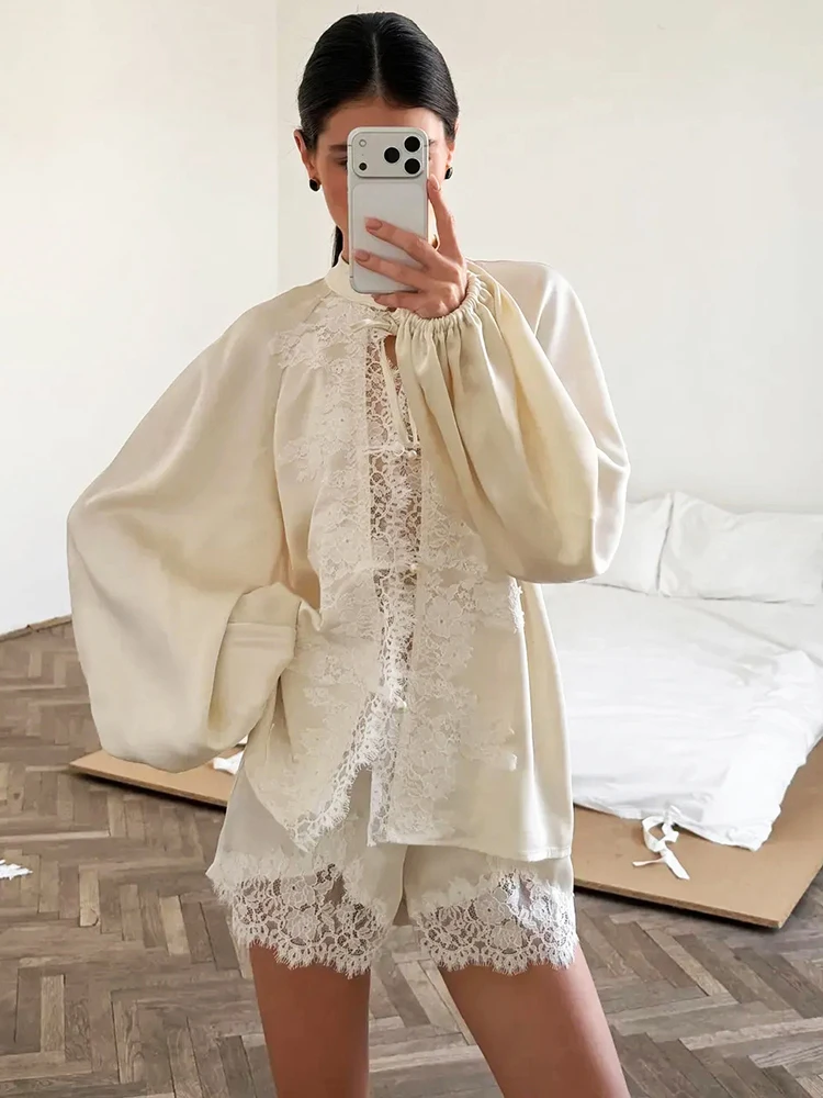 JULISSA MO Satin Patchwork Lace Turtleneck Women Sleepwear Long Sleeve Single Breasted Pant Set Autumn New Casual Two Piece Sets