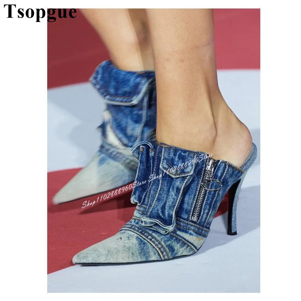 Blue Denim Zipper Pocket Decor Slippers Cut Heel Thin High Heel Women Shoes Slip On Pointed Toe 2024 Fashion Zapatos Para Mujere