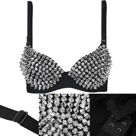 Sexy Rivets Punk Lingerie Underwear,Fashion Metallic Flash Rivet Bra with Wire Free for Women,Nightclub Party Bar Hot Bras