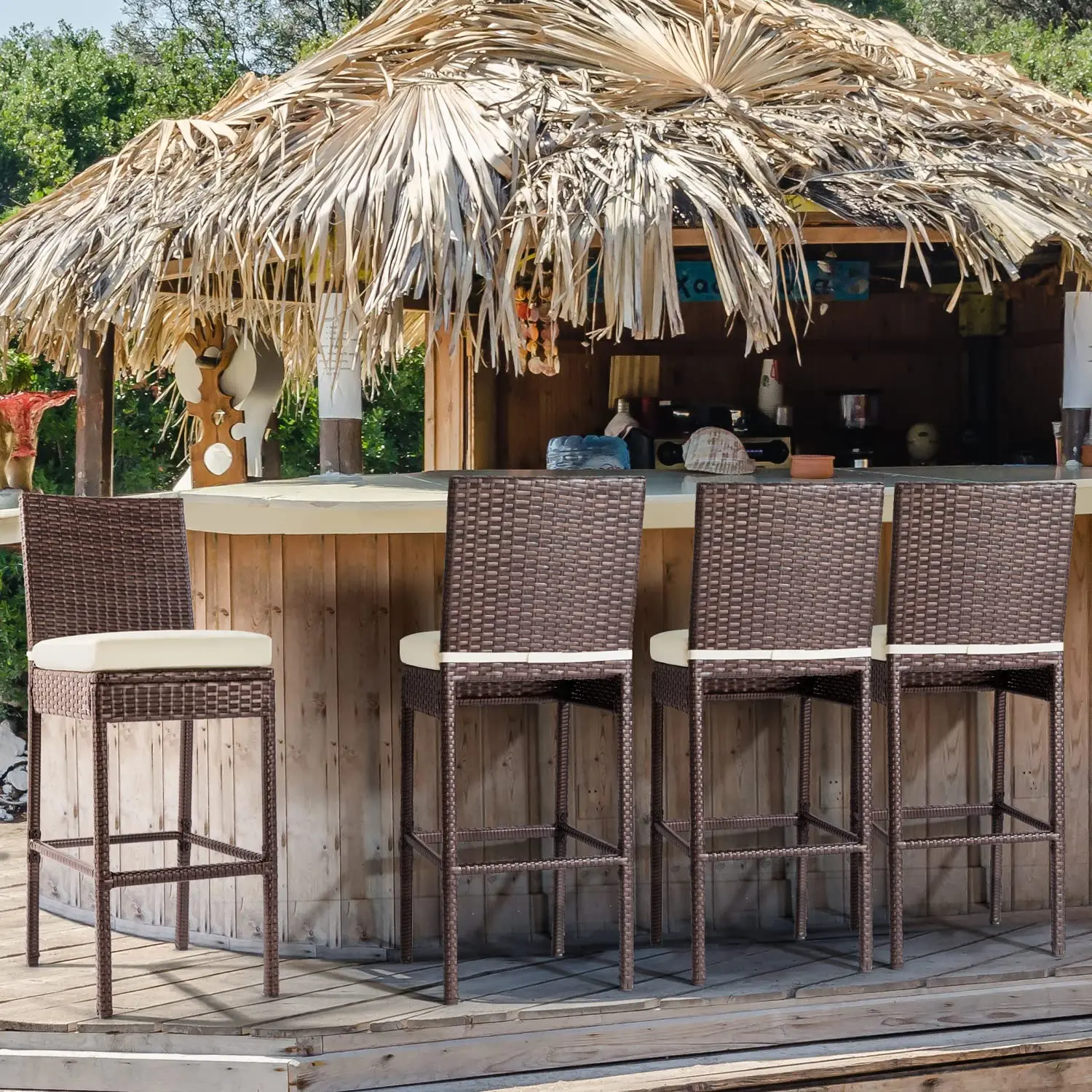 Wicker Patio Bar Stools Set Of 4 Counter Height With Footrest Cushion All Weather Rattan Outdoor For Pool Lawn Porch, Customized