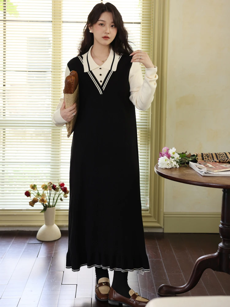 NYFS 2025 بولو كاذبة قطعتين المرأة طويلة الأكمام الدهون ملم محبوك سترة فستان فضفاض حجم كبير الخريف رداء Elbise فساتين طويلة #2