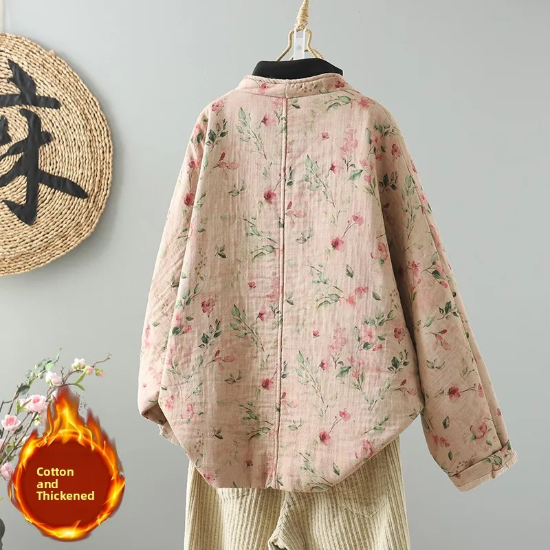Chaqueta de Aodón para Mujer, Talla ande, Cuello en V, Estampado Informal, Estilo Retro Chino, Artística, Abrigo de Otoño...