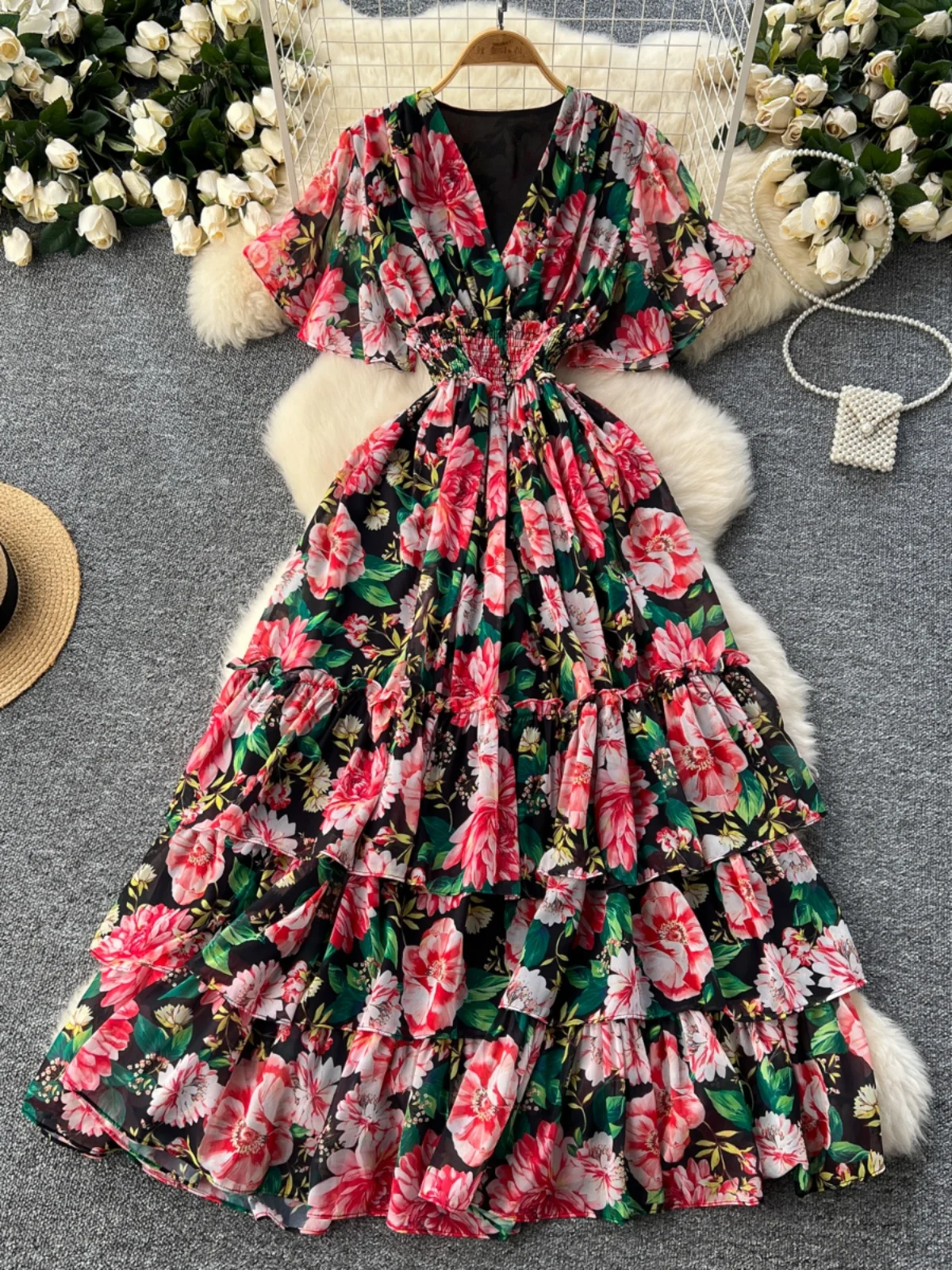 레트로 브이넥 플리츠 플로럴 쉬폰 드레스 여성용 하이웨이스트 슬림핏 드레이프 롱 스커트 한국 스타일 출퇴근용 A라인 미디 드레스