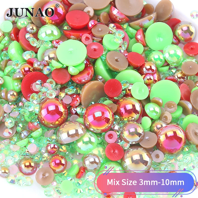 JUNAO 3mm-10mm 30g Mix Size Pink blue Color ABS Plastic Pearl Rhinestone Flatback Half Round Beads Glue On DIY Craft Decoration