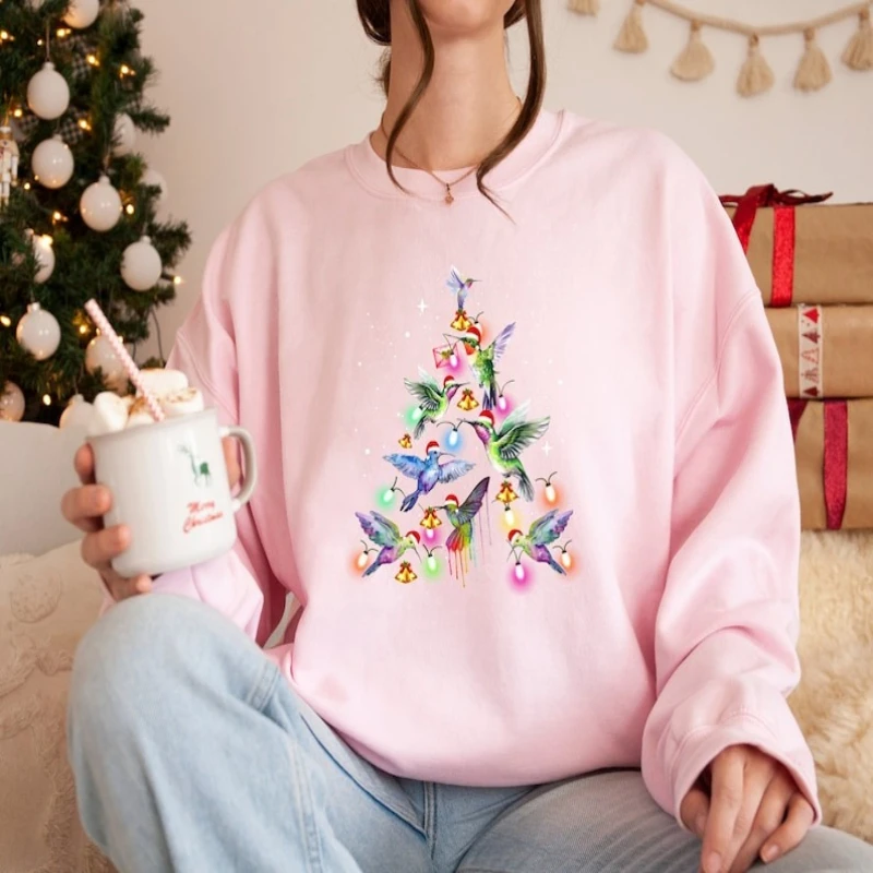 عيد ميلاد سعيد شجرة الطيور الخريف والشتاء البلوز عطلة أضواء الطرف الدفء هوديي طويلة الأكمام مطابقة هوديس
