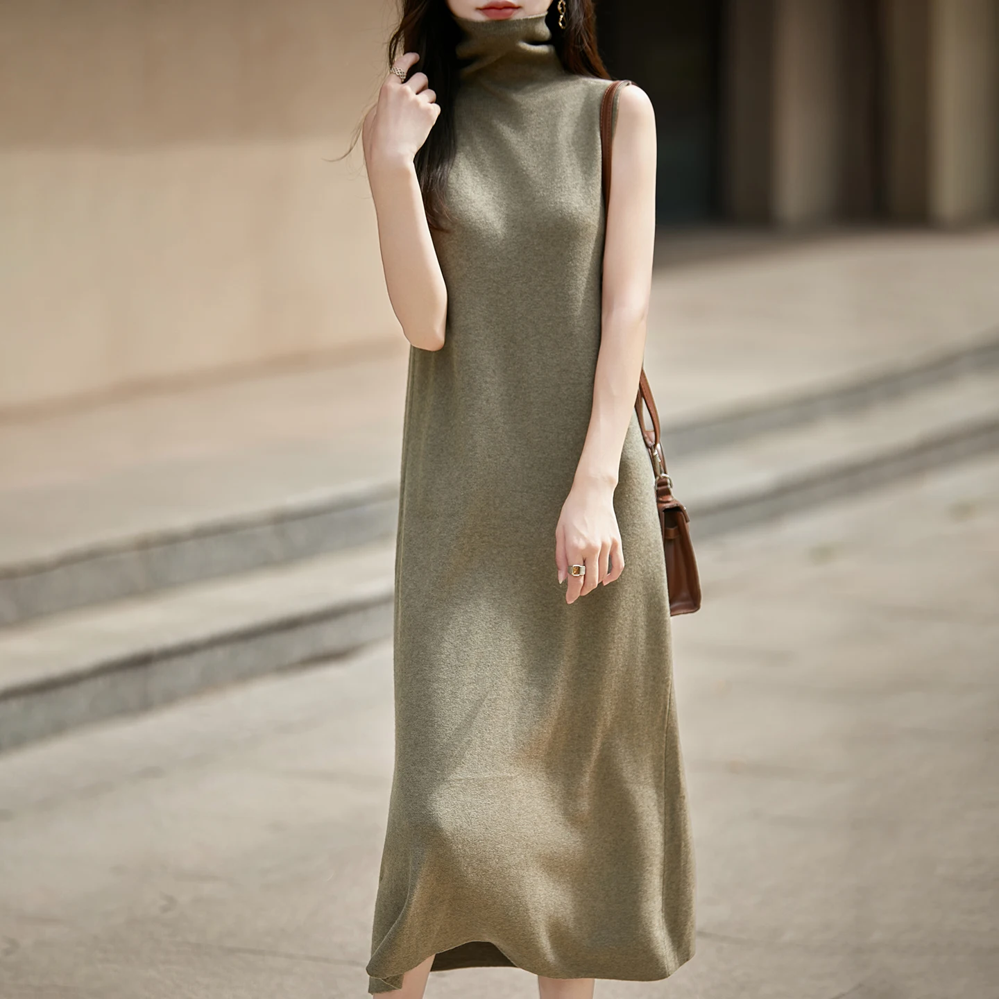 

Women's Pile Collar Sleeveless 100% Wool Dress Spring Summer Solid Color Loose Fashion Knitted Long Dress Heightening Base Dress