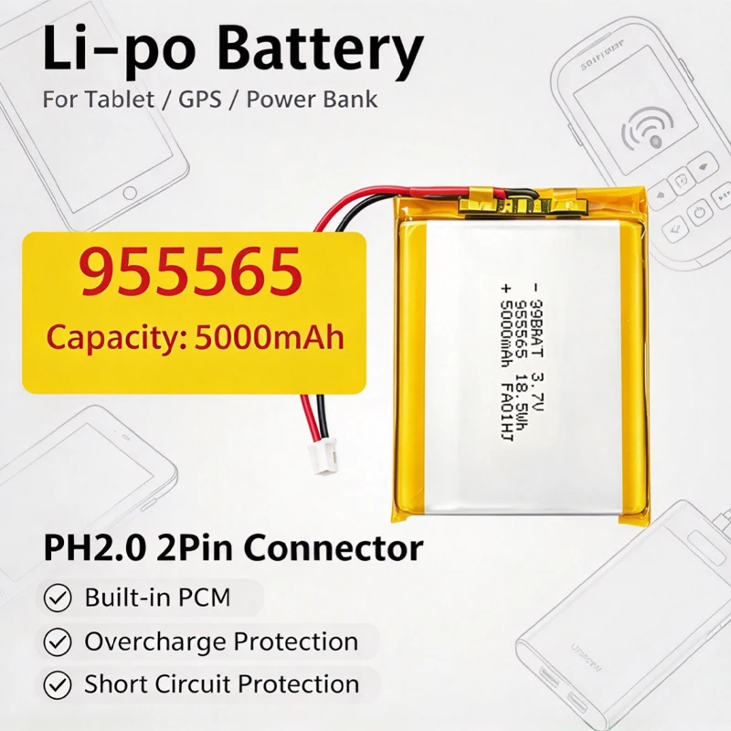 955565 3.7V 5000mAh 18.5wh Lithium Polymer Battery Rechargeable PH 2.0mm 2pin Plug for Tablet Power Bank GPS Locator DVD
