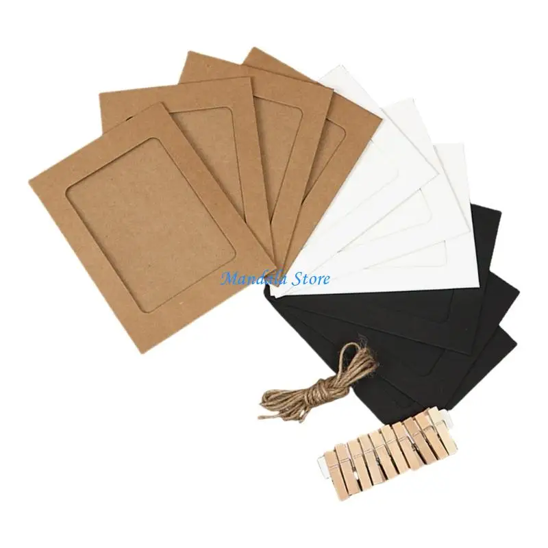 

U2JC Pack Of 10 Paper Photo Frame With Rope and Wooden Clips For Wall Hanging Decors
