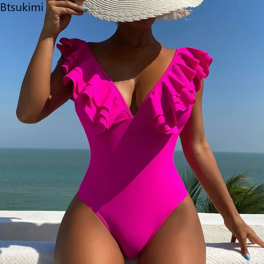 2024Women\'s Sexy Ruffles Sleeve Swimwear Solid Hot Pink V Neck Control Abdomen Monokini Bathing Suit Backless One Piece Swimsuit