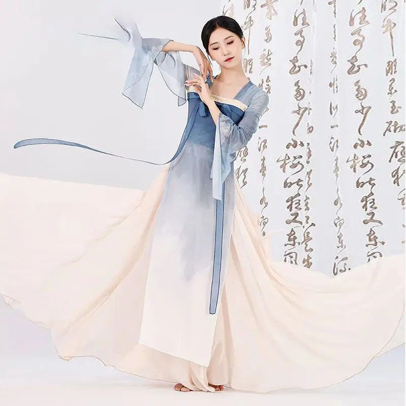 Tenue de danse classique pour femme, ensemble Hanfu fluide, grande jupe pivotante, costume de danse chinoise, ensemble d'entraînement, tenue de performance avec ruban