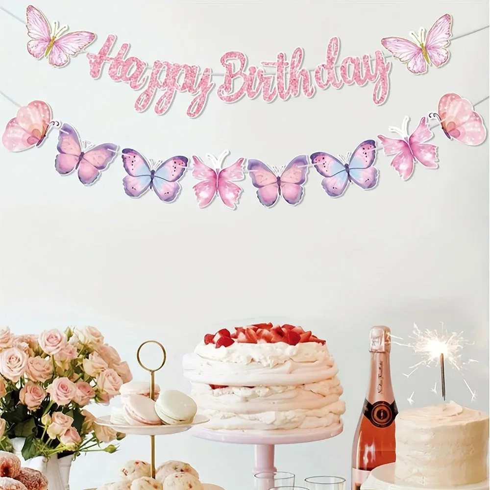 Pastellrosa Lila Schmetterling Geburtstags-Wimpelkette, Glitzer-Buchstaben Happy Birthday Girlande für Mädchen-Geburtstagsfeier Innendekoration