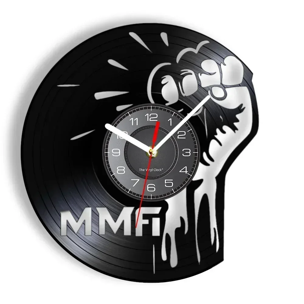 Powerful Fist MMA Wall Clock Made of Real VInyl Record Mixed Martial Arts Sports Muscular Fist LED Wall Watch Gift for Fighters