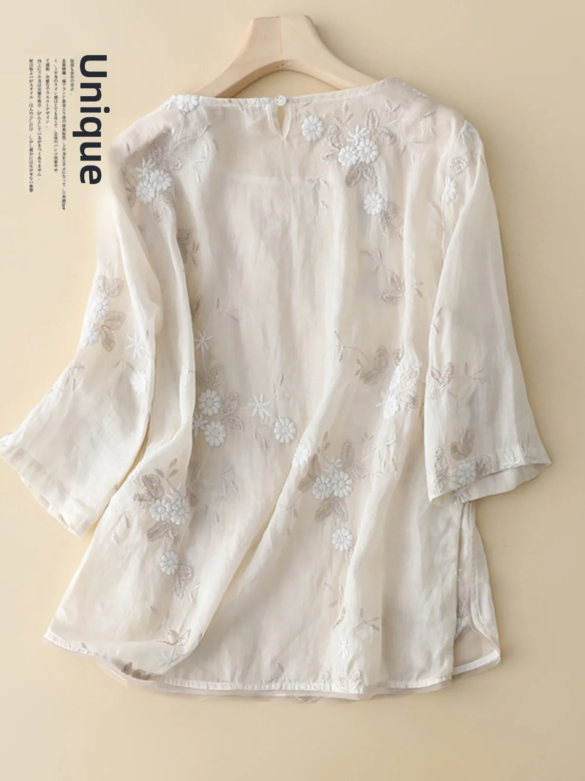 Ele bordado algodão linho ort sve irt feminino trabalho pesado solto ajuste leve verão topo redondo ne design