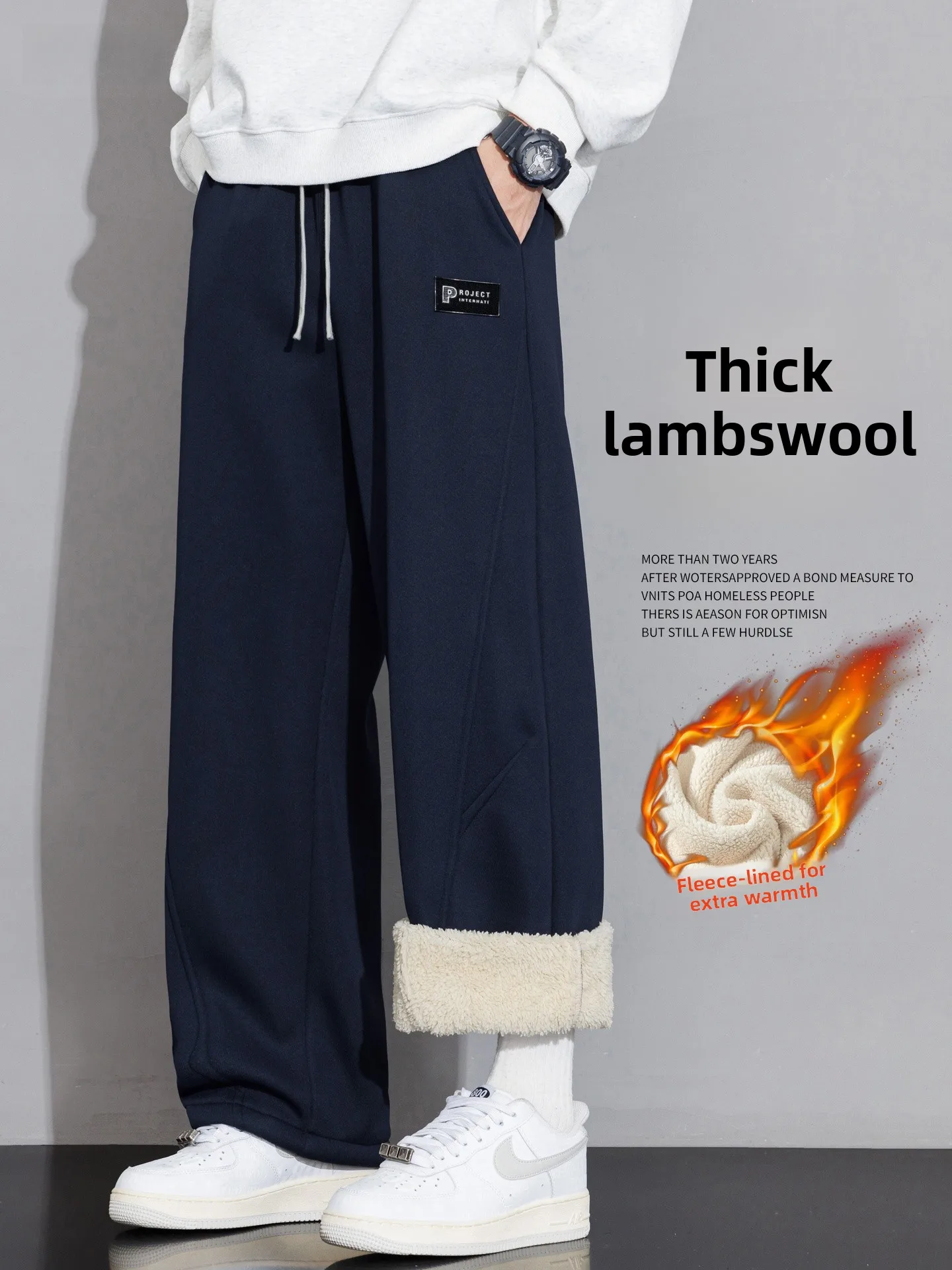 

Lamb Velvet Thiened Winter Casual Pants Men's Straight Leg Sweatpants Warm Comfortable Polyester Fiber Straight Pants