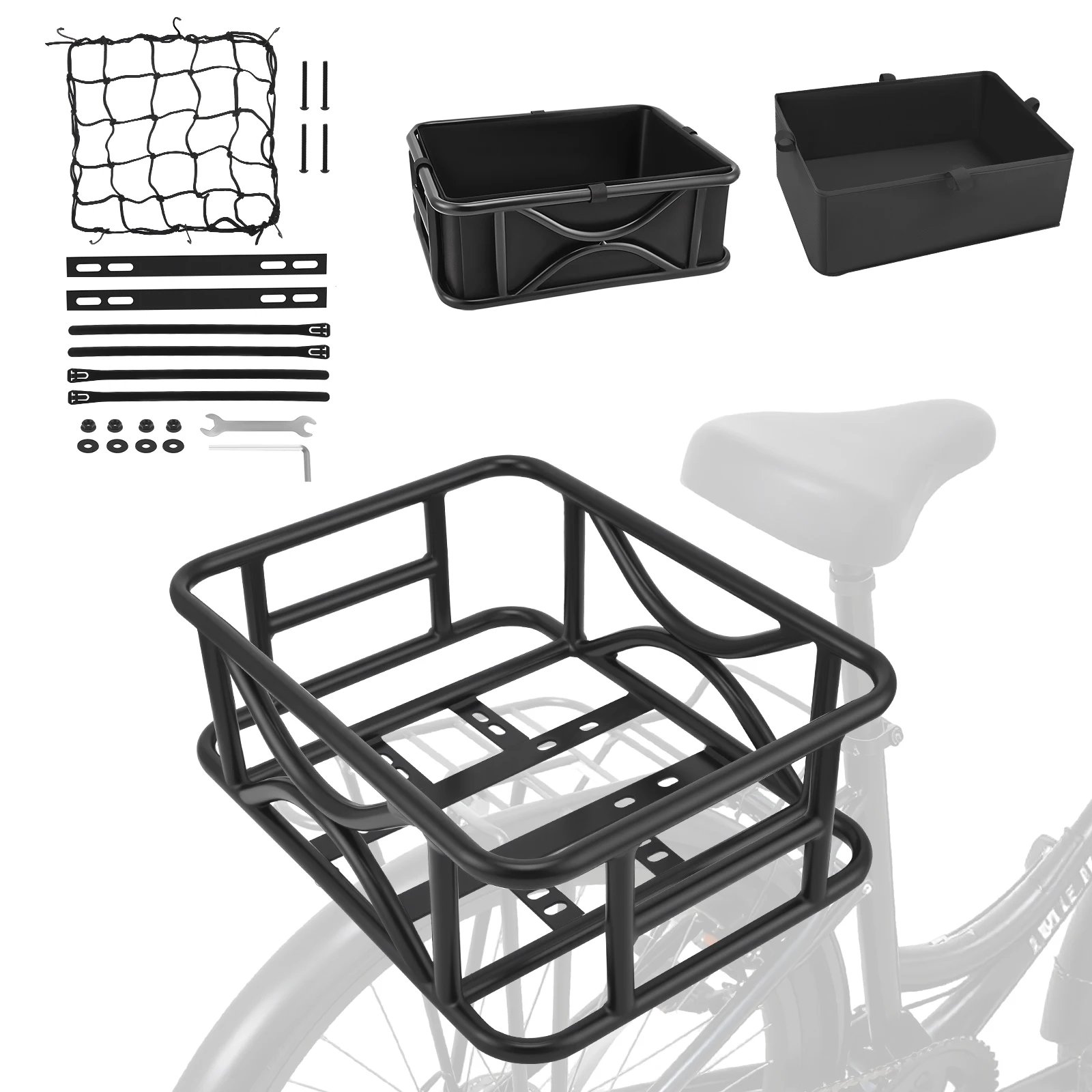 Portabiciclette posteriore con cestino per bicicletta con rete di carico e rivestimento spesso - Per gite in bicicletta, shopping, compatibile con la maggior parte delle bici e-bike