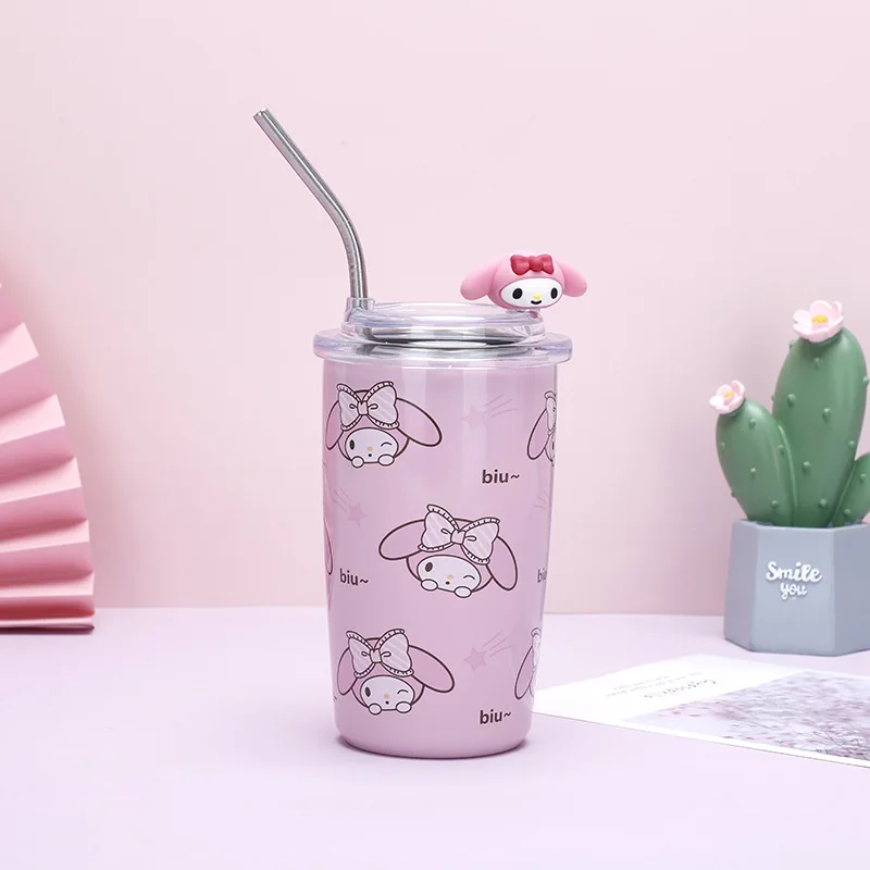 new 450ML Kawaii Sanrio Anime Straw cup Cute Hello Kitty my melody cartoon good-looking stainless steel Creative gifts for girls