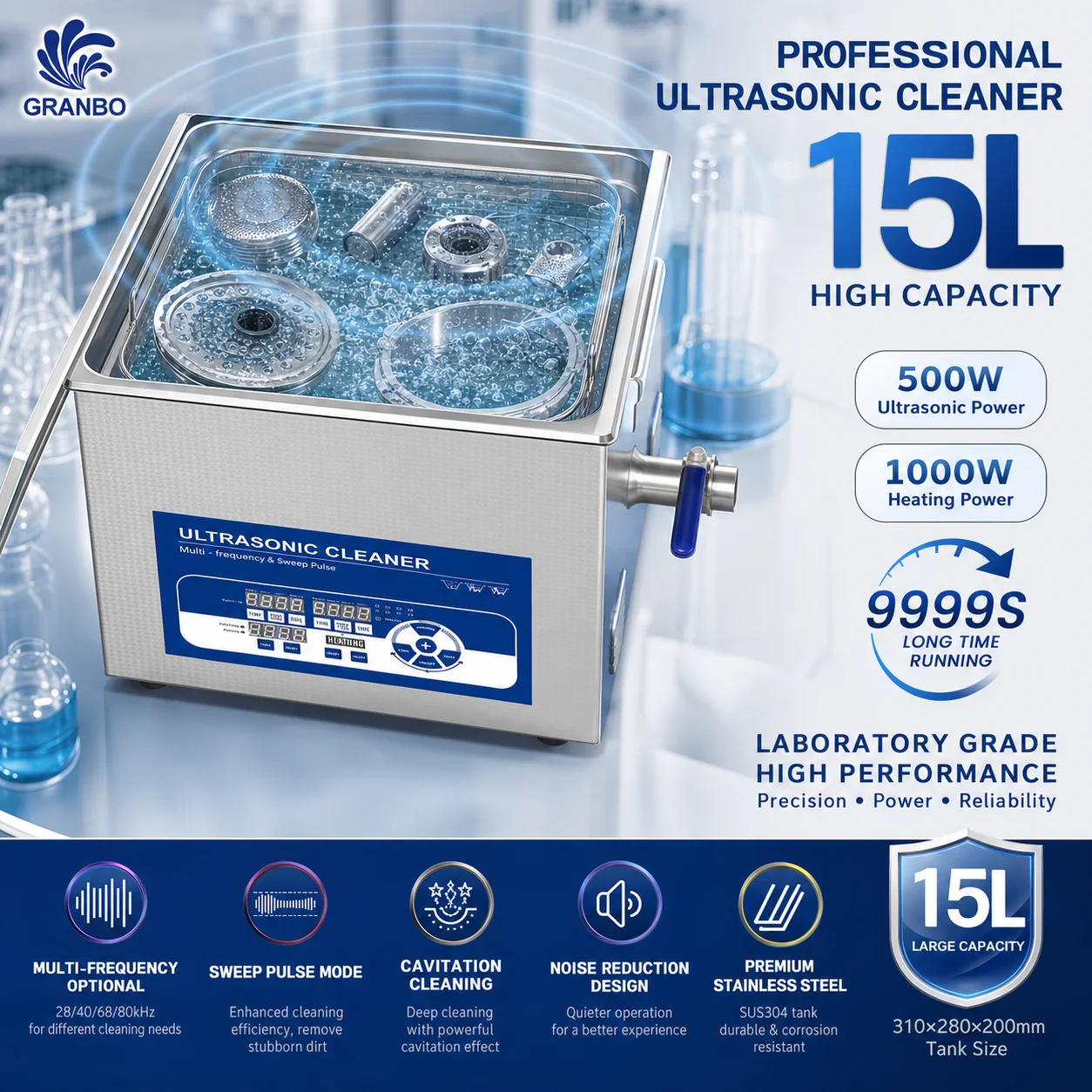 Ultrasonic Cleaner Lab - เครื่องทำความสะอาดอัลตราโซนิก 15 ลิตร 500 วัตต์ แบบดิจิตอล
