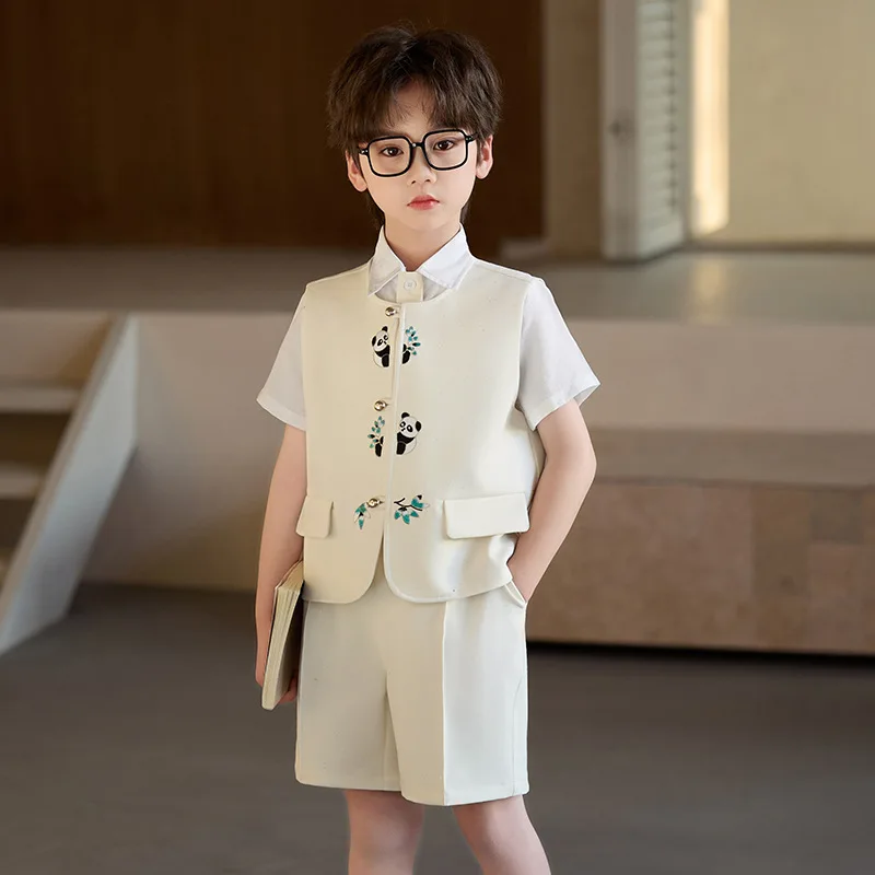 New Chinese Style Panda Embroidered Trendy Children's Vest Set Summer New Boys' Chinese Style Tang Suit Performance Formal Wear