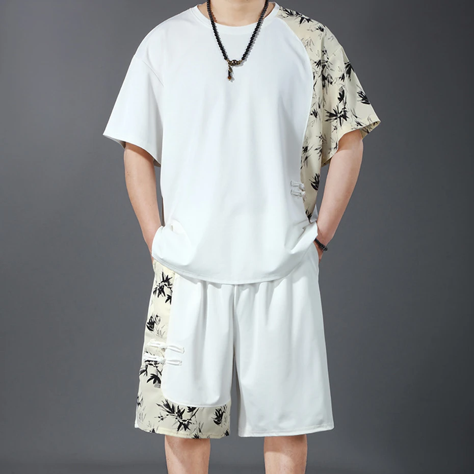 Summer Suits Men's Sets Plus Size 10XL Chinese Style Bamboo Leaf Print Patchwork Fashion Casual T-shirts Shorts Male Big Size
