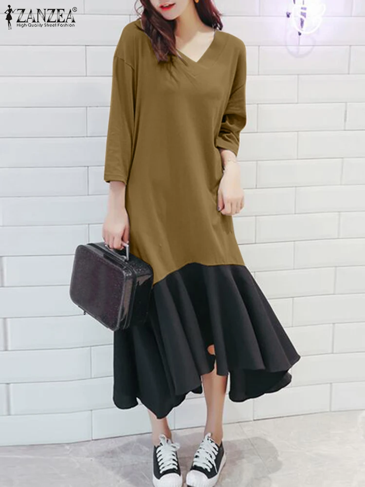 Casual 3/4 Sleeve Robes ZANZEA Elegant Colorblock Midi Dresses 2024 Autumn V-neck Sundress Women Irregular Hem Office Vestido