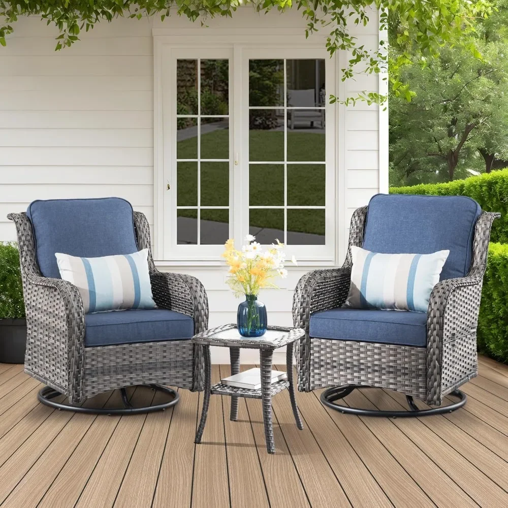 3 Pieces Patio Rocking Chairs with Side Table, Outdoor Wicker Swivel Chairs of 2, High Back Glider Chairs Rocker Set for Garden