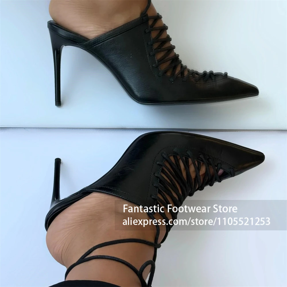 Multiple Straps Lace up Stiletto Heel Mules Ankle Wrap Tie up High Heeled Pumps Punk Sexy Style Handmade Summer Shoes for Women
