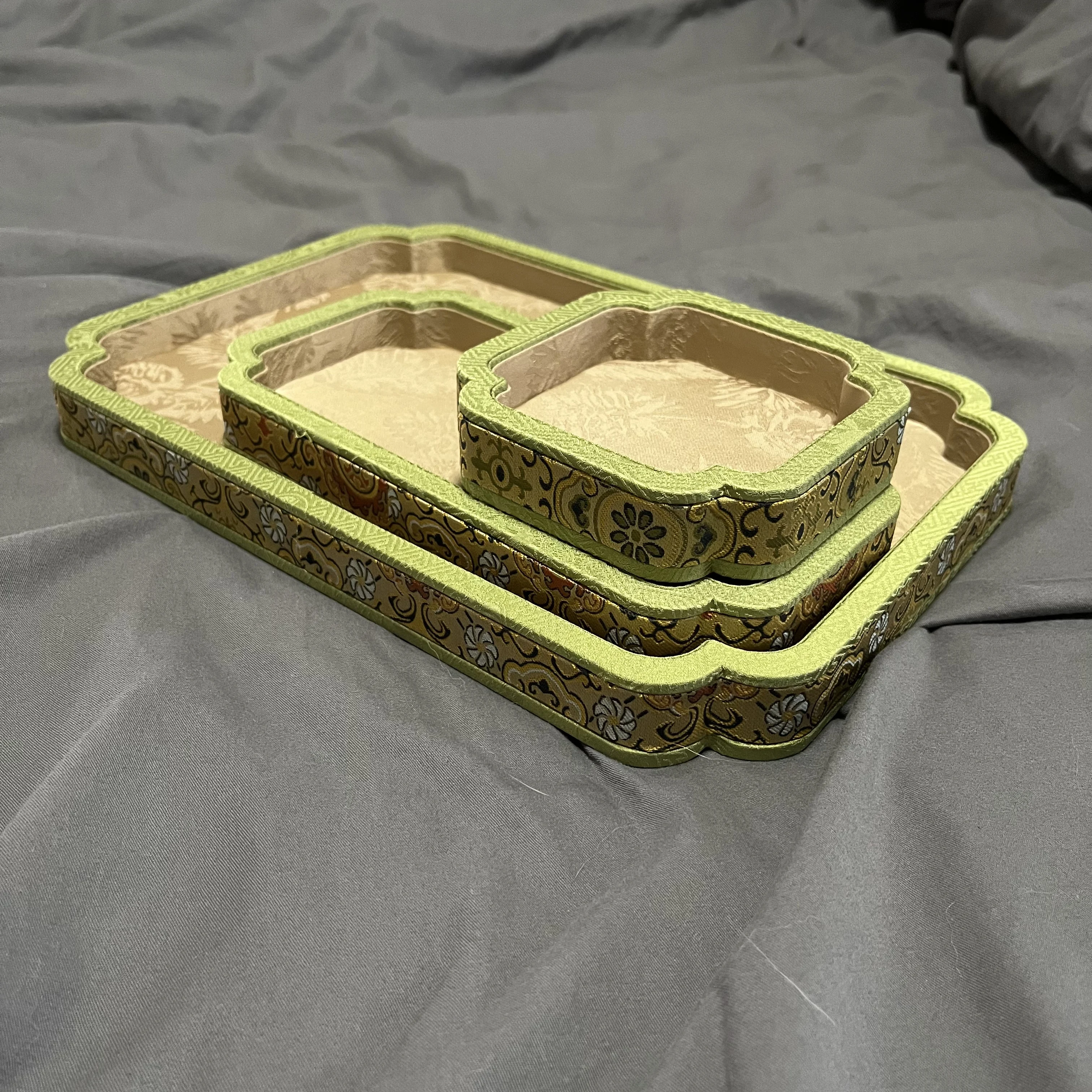 Silk Embroidery Jewelry Box, Eid Mubarak Wooden Display Tray for Ring Necklace Bracelet, Antique Chinese Storage Case