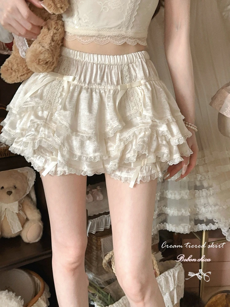 French Style Sweet Girl Pleated Satin Petal Culottes Tutu Skirt 2025 Summer New Solid Color High Waisted Skirts Women's Clothing