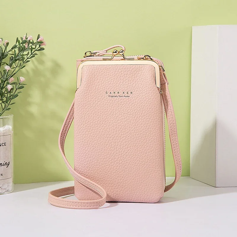 Cross Border New Carrken Women's Mobile Bag Korean Fashion Lychee Pattern Solid Color Slant Cross Bag Multi-function Bag