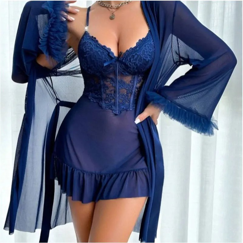 3 Pcs/Set Women's sexy robe lingerie set with lace V-neck slip dress and sheer mesh robe nightgown, women's casual sleepwear