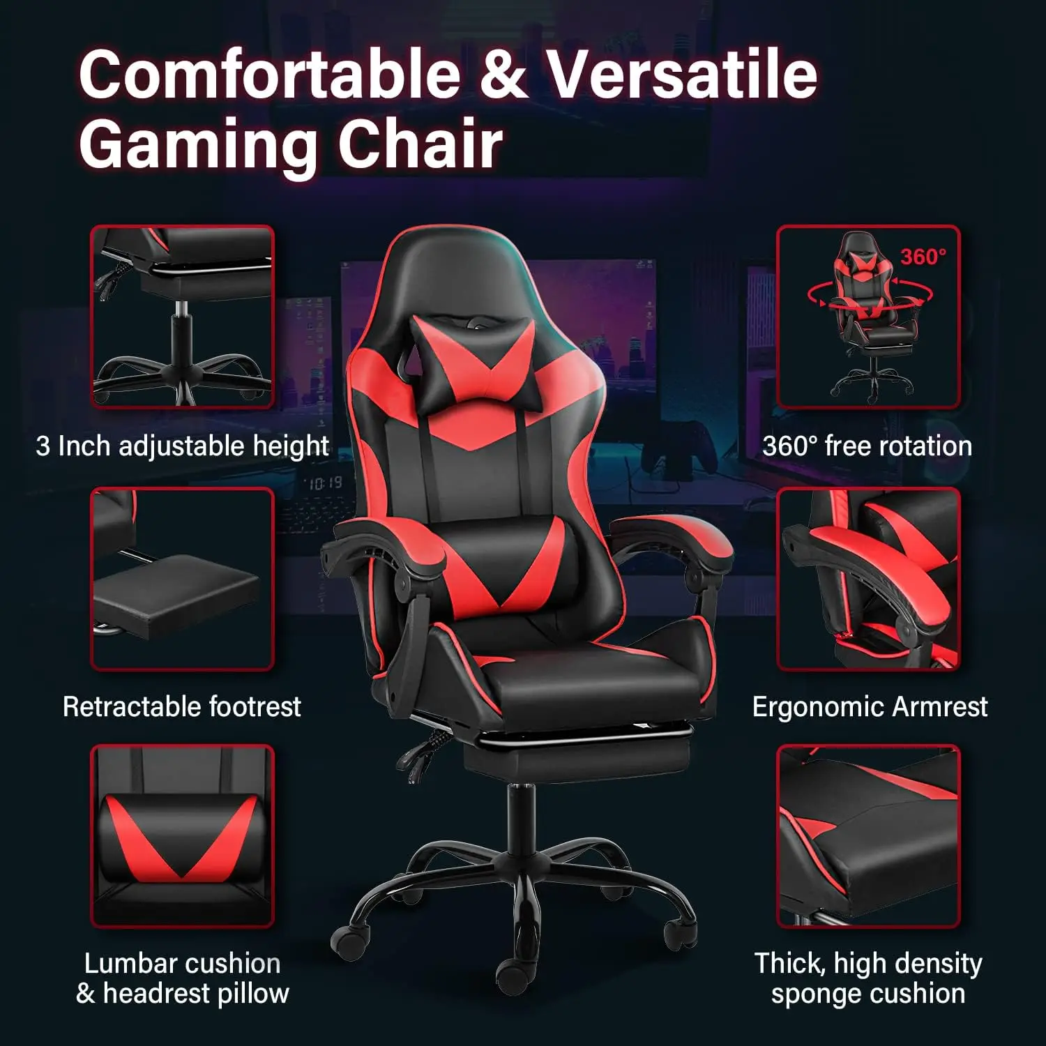 Silla reclinable giratoria y ergonómica para videojuegos, asiento con respaldo y altura ajustable para ordenador de oficina y carreras, color rojo y negro