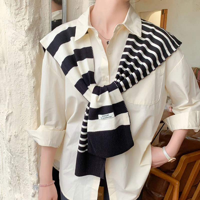 New Match Black And White Knitted Striped All-Matching Fashion Decoration Website Red Plus-Sized Neck Protection Shoulder Shawl