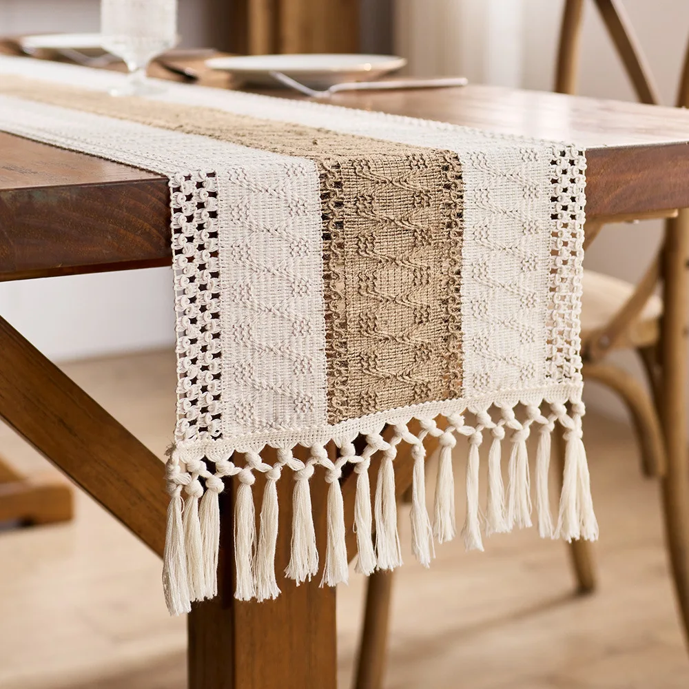 

Bohemian Cotton Hollow-Woven Table Runner with Tassel, Long Strip Tea/Dining Tablecloth Flag, Simple Decor